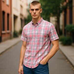 SONOMA Camp Shirt Size Medium Cotton Button Up Short Sleeve Madras